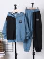 SHEIN Kids EVRYDAY Tween Boy Two Tone Letter Patched Detail Hooded Jacket & Sweatpants