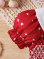 Baby Girl'S Floral Embroidery Doll Collar Love Heart Printed Short Puff Sleeve Bubble Dress