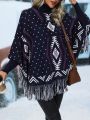 Geo Pattern Batwing Sleeve Fringe Trim Knit Poncho