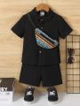 SHEIN Kids Nujoom Little Boys' Casual Street Style Solid Color Shirt And Solid Color Shorts Match With Casual Crossbody Bag