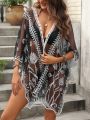 SHEIN Swim Basics Women's Mesh Embroidered Embellished Kimono Blouse