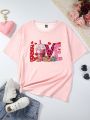 Women Letter Heart Valentine's Day Printed Short Sleeve T-Shirt Mommy And Me Matching Outfits(2 Pieces Are Sold Separately)