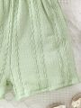 Baby Girls' Elegant Basic Light Green Suspender Shorts Jumpsuit With Waist Tie