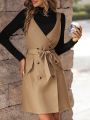 Women's Solid Color Double-breasted Belted Vest And Coat Two-piece Set