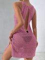 SHEIN Swim Vcay 1pc Backless Crochet Cover Up Dress With Split Hem