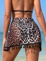 SHEIN Swim Vcay Women's Leopard Print Tassel Fringe Pleated Cover Up Skirt