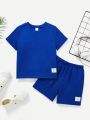 SHEIN Kids EVRYDAY Toddler Boys' Woven Textured Fabric Short Sleeve Top And Shorts Set