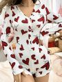 Women's Heart Printed Button Front Romper Pajamas