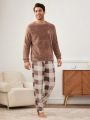 Men's Teddy Bear Letter Embroidered Top & Plaid Pants Plush Homewear Set