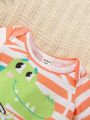 SHEIN Baby Boys' Crocodile Pattern Striped Bodysuit & Hat Set