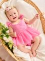 SHEIN Newborn Baby Girl Mesh & Lace Ruffle Square Collar Romper