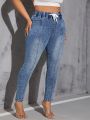 SHEIN SXY Plus Size High Waist Jeans With Waist Tie, Slim Fit