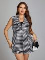 SHEIN Clasi Plus Houndstooth Print Vest Blazer & Shorts