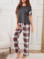 Women's Color Block Short-sleeve Plaid Long Pants Pajama Set