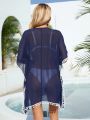 SHEIN Swim BohoFeel 1pc Pom Pom Detail Batwing Sleeve See-Through Cover Up Dress