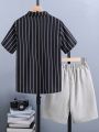 Teen Boys' Trendy Striped Collar Shirt And Solid Color Shorts 2pcs/Set