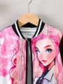 SHEIN Kids EVRYDAY Young Girl Figure Graphic Striped Trim Bomber Jacket Without Tee