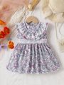 Baby Girls' Colorful Floral Print Sleeveless Dress With Pleats, Lace, Ruffles, Faux Belt, Zipper Closure And Comfortable Soft Fabric, Suitable For Spring And Summer