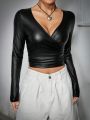 SHEIN Coolane Wrap Collar Pu Leather T-shirt