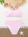 Teenage Girls' Cross Back Texture Bikini Swimwear Set