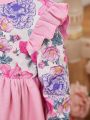 SHEIN Infant Girls' Casual & Elegant Flower Print Patchwork Dress With Ruffled Hem