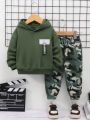 SHEIN 2pcs Baby Boys' Casual Hooded Sweatshirt And Camouflage Pants Set