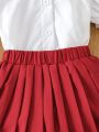 SHEIN Kids CHARMNG Girls' Doll Collar Embroidered Shirt And Pleated Skirt Lovely 2pcs Outfit