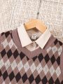 Girls' Vintage Style Long Sleeve Dress With Small Collar And Diamond Check Knit Vest Two-piece Set (for Older Children)