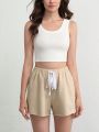 SHEIN Leisure Natrural & Comfy Cotton Elastic Drawstring Lounge Shorts - Khaki