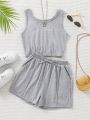 SHEIN Kids Cooltwn Tween Girls' Everyday Casual Knitted Sleeveless Vest And Shorts Set