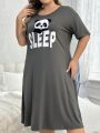 Plus Size Women'S Letter & Panda Print Nightgown