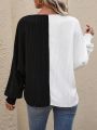 Women's Color Block V-neck Wrap Front Shirred Blouse