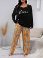 Plus Size Autumn & Winter Letter Printed Yellow Plaid Long Sleeve Long Pants Pajama Set