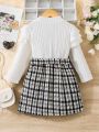 SHEIN Kids FANZEY Toddler Girls' Long Sleeve White Top + Plaid Skirt With Belt Fashionable Outfit For Elegant Look In Autumn And Winter