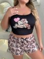 Plus Size Cute Bear & Heart Print Home Clothing Set