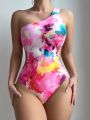 SHEIN Swim BAE Women's Tie-dye One Piece Swimsuit With Random Print