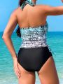 SHEIN Swim Classy Women'S Printed Vest-Style Bikini Swimsuit, Mature And Charming Style