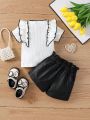 SHEIN Baby Girl Set Of 2, Including White Embroidered T-Shirt With Ruffle Hem And Reflective Fabric Shorts With Bow Tie At The Waist