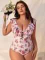 SHEIN Swim Mod Plus Size Women's One Piece Swimwear With Ruffle Hem, Floral Print