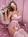 Heart Pattern Mesh Underwire Lingerie Set With 1pair Stockings