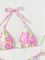 Women's Halter Neck Thin Straps Triangle Bikini Set (prints Random)