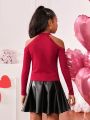 SHEIN Kids Cooltwn Big Girls' Solid Color Off-shoulder Long Sleeve Top With Pu Leather Skirt