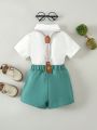 Infant Boys' Bowtie Short Sleeve Colorblock Romper And Overall Shorts Outfit