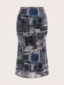 SHEIN ICON Women'S Patchwork Printed Mermaid Style Midi Skirt