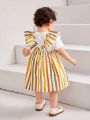 SHEIN Baby Girls' Casual Striped Pattern Dress With Bowknot & Ruffle Hem Design