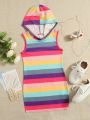 SHEIN Kids Y2Kool Toddler Girls Color Block Stripe Hooded Dress