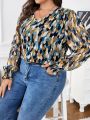 SHEIN Frenchy Plus Size Leaf Print Lantern Sleeve Top