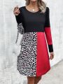 Women's Leopard Print Contrast Color Dress