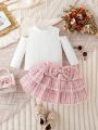 Baby Girl Cold Shoulder Tee & Plaid Bow Front Skirt & Headband