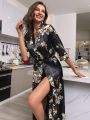 Floral Print Belted Satin Robe